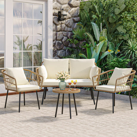 YITAHOME 4 Pieces Patio Furniture Set, Wicker Balcony Bistro Set, Outdoor All-Weather Rattan Conversation Set with Loveseat Chairs Table Soft Cushions for Backyard, Pool, Deck, Garden - Beige YITAHOME