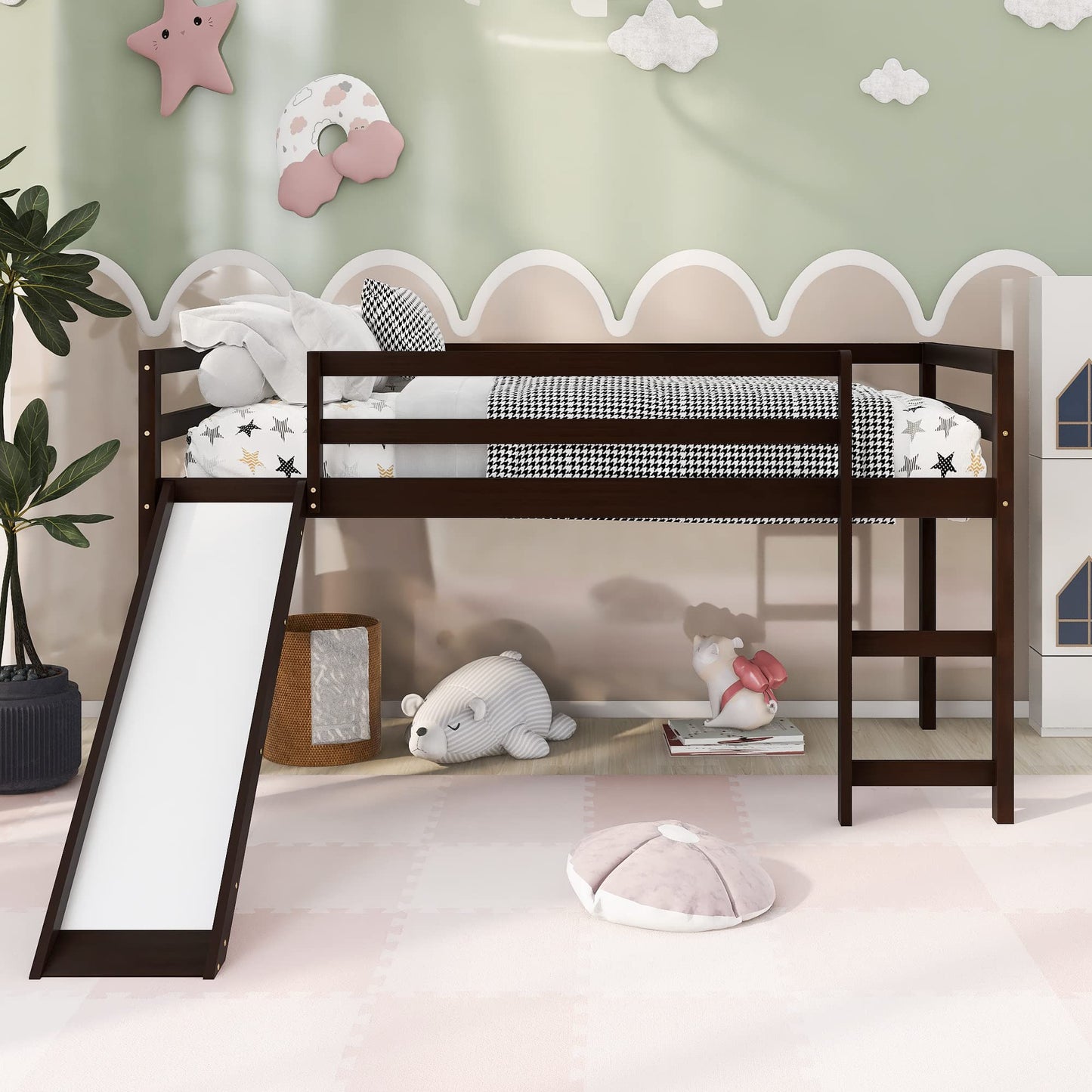 Harper & Bright Designs Twin Size Low Loft Bed with Slide in Espresso - WoodArtSupply