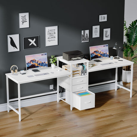 GYIIYUO 94'' Two Person Desk with Charging Station, Long Desk with 3 Fabric Drawers and Printer Shelf, Double Computer Desk, 2 Person Writing Study Table Workstation for Home Office, White GYIIYUO