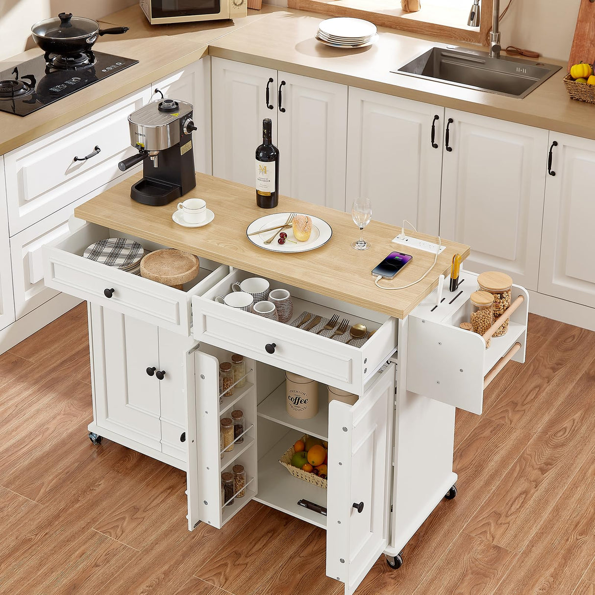 ONBRILL 58" Mobile Kitchen Island, Kitchen Island Cart with Power Outlet, Island Table for Kitchen, Home Bar Carts with Storage, Kitchen Rolling Island with Spice Rack & Towel Rack & Knife Holder ONBRILL