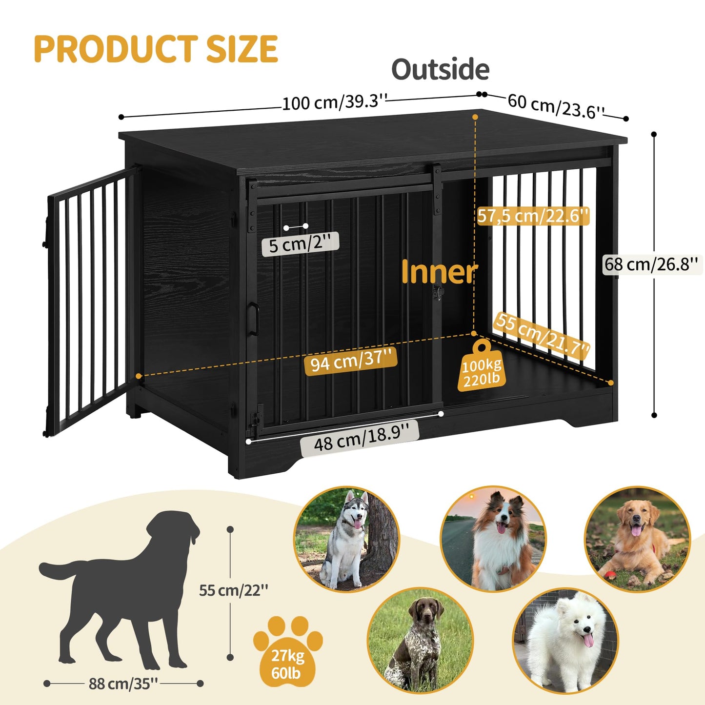 Hzuaneri Dog Crate Furniture, 39.4" Double Door Dog Crate with Barn Door, Dog Kennel Indoor, End Side Table Wooden Dog Crate for Small Medium Large Dog, Anti-Chew Anti-Escape, Black - WoodArtSupply