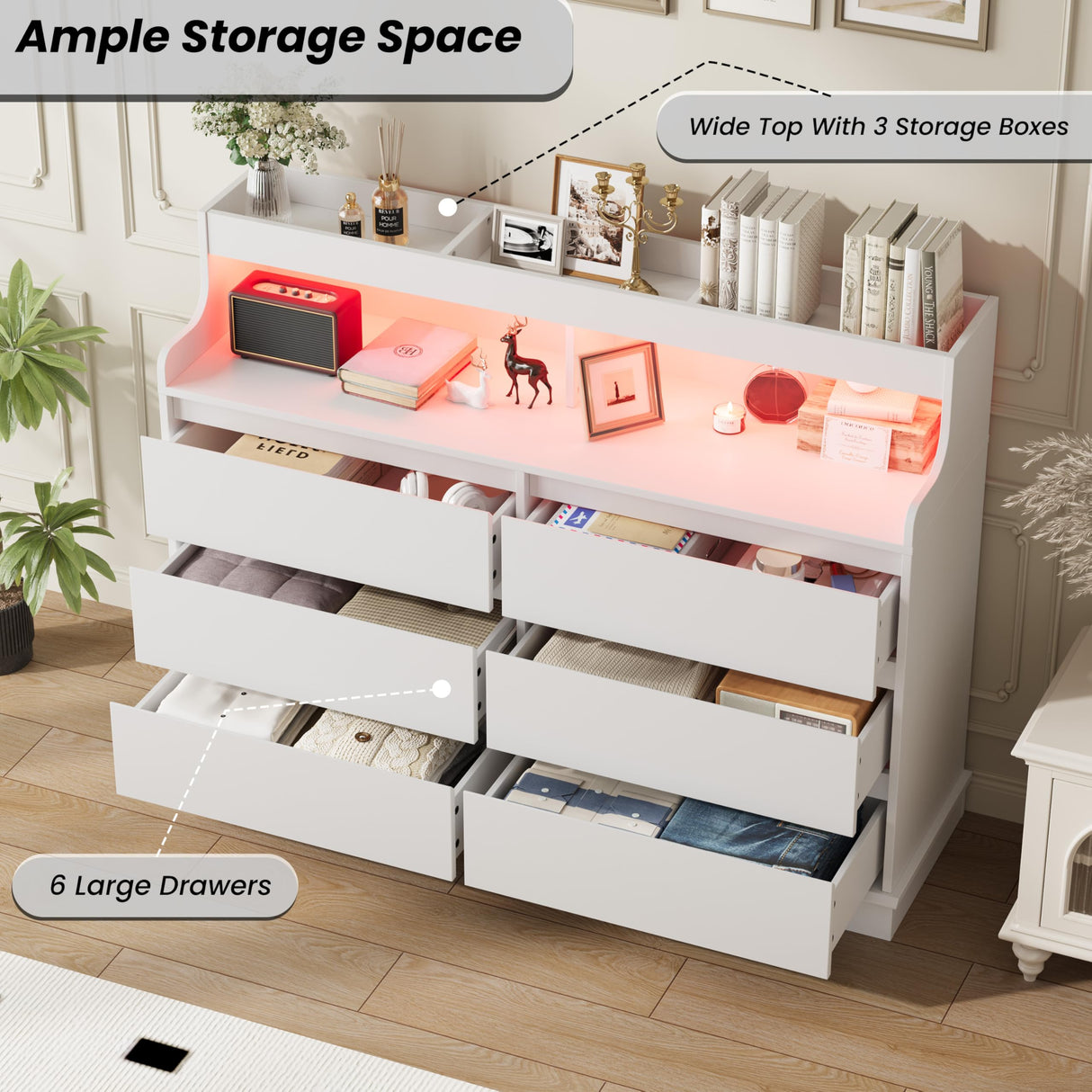 Dresser for Bedroom, 6 Drawer Dresser with LED Lights and Charging Station, Wide Chest of 6 Drawers with Open Space, Modern Large Capacity Storage Cabinet, Living Room, Hallway, White GarveeHome
