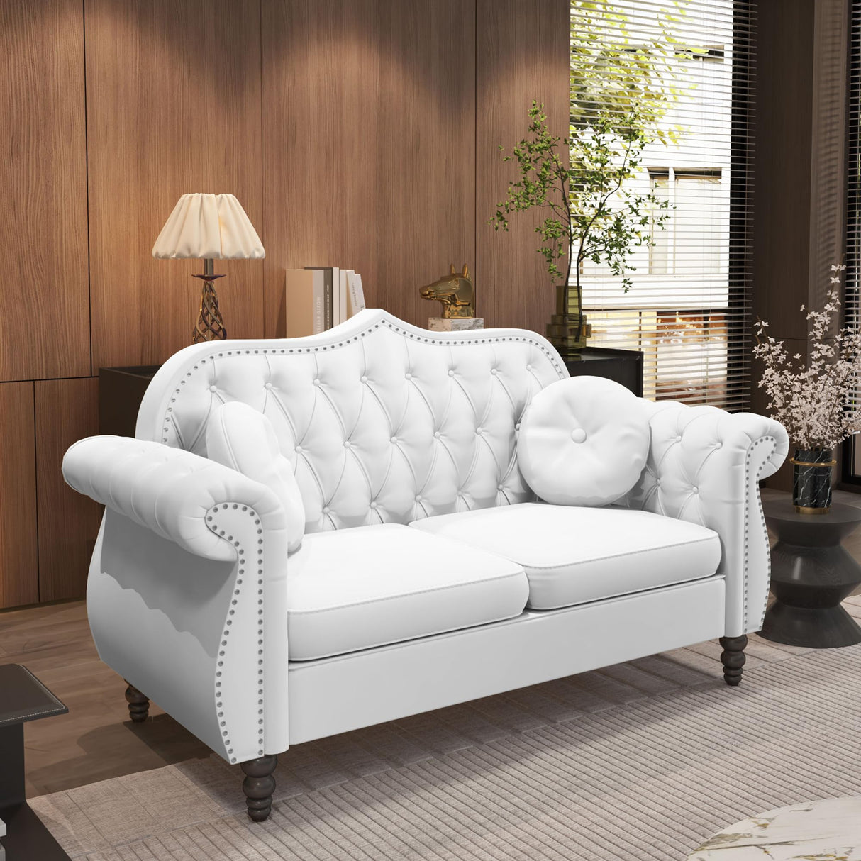 AVZEAR 3-Piece Living Room Sectional Sofa Set, Mid-Century Modern Chesterfield Upholstered Velvet Sofa Couch, Classic Tufted Button White Couch with Nailhead Trim for Living Room, Office (White) AVZEAR