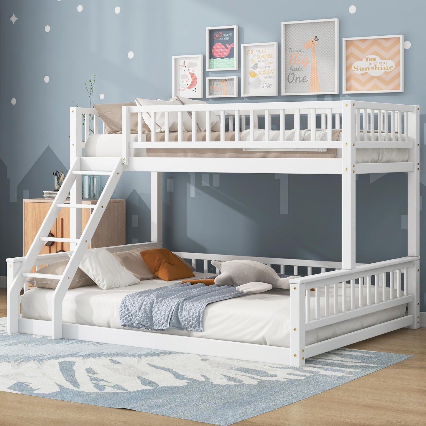 Merax Twin XL Over Queen Floor Bunk Bed, Kids White Wood Bunk Bed Frame with Ladder & Guardrails, Space Saving Teens Youths Beds for Bedroom, Guest Room, Noise Free, No Box Spring Needed, White