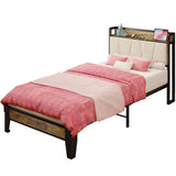 LIKIMIO Twin XL Bed Frame with Storage Headboard and Charging Station - Stylish Walnut and Beige Design LIKIMIO