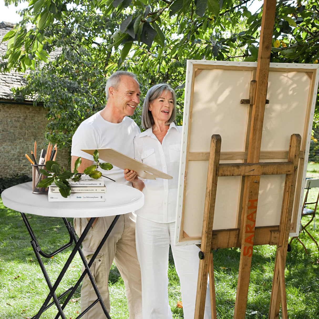 Cocktail Table 28in Portable Folding Bar Height Table, Compact Round High Top Plastic & Steel Bistro with Removable Legs, for Indoor Outdoor RV Patio Catering Parties Commercial Events pollilar