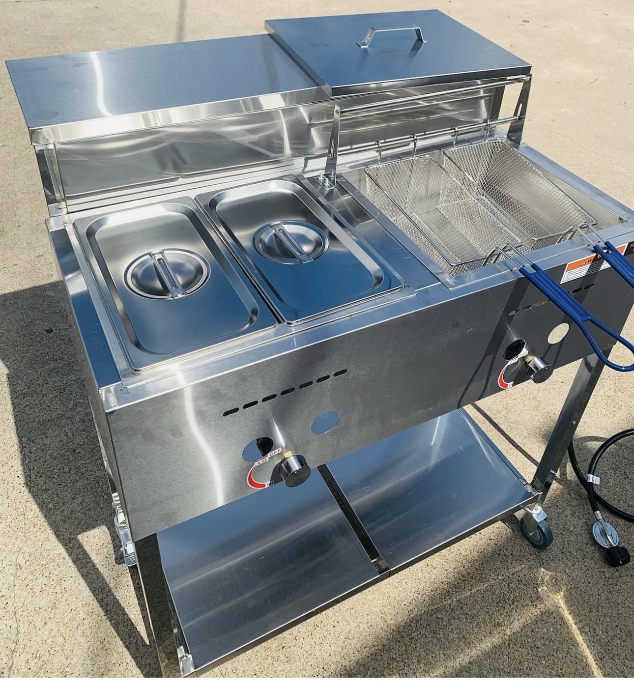 Gas Shark Deep Fryer Cart with 30 lb 3.5 Gallon Single Tank | 2 Fryer Baskets | 2 Container Pan Steam Table | Serving Shelf | Outdoor Propane | Stainless Steel | Portable for Commercial & Home Use