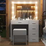 Yanosaku Vanity Desk & Power Outl,Makeup Vanity with Mirror and 11 LED Lights, Makeup Table with 5 Drawers,Vanity Table with Chair,Vanity Set 3 Lighting Modes Brightness Adjustable for Bedroom, White Yanosaku