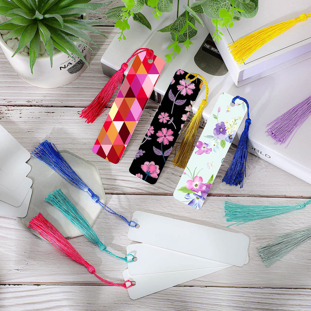 Tenare 50 Pieces Sublimation Blank Bookmark Heat Transfer Metal Aluminum DIY Bookmark with Hole and Colorful Tassels for Crafts, Birthday Wedding, Single-Sided Printing Tenare