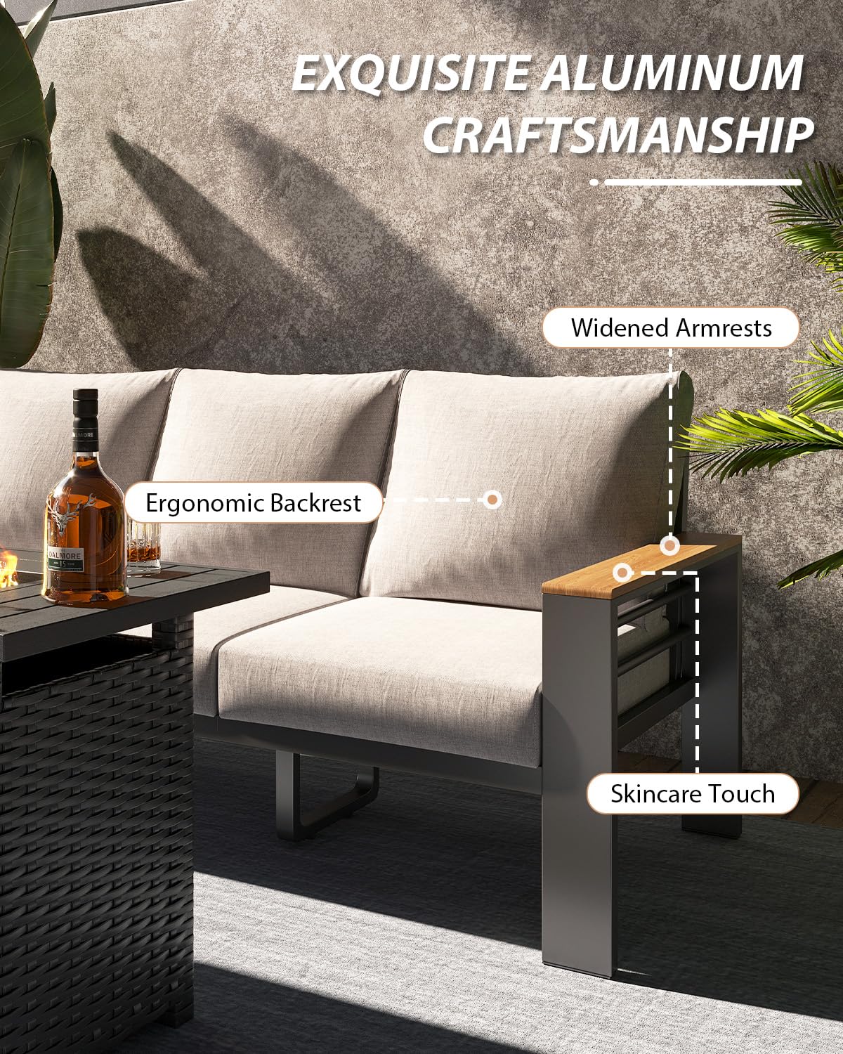 Aoxun Aluminum Outdoor Patio Furniture Set, 6-Piece Outdoor Sectional with 44'' Propane Gas Firepit Table, Patio Conversation Sets with Upgraded Armrests and Cushions for Backyard (Grey,5 Seats) Aoxun