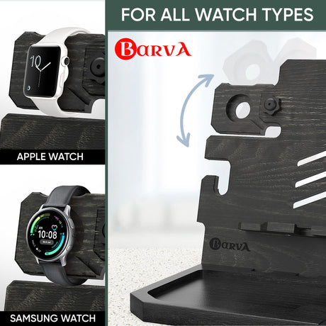 BARVA Adaptive Wood Gun Rack Phone Docking Charging Station Gifts for Men Dad Birthday Ideas Nightstand Organizer Charging Dock Watch Charging Stand Wallet Key Gadget Device Bedroom Bedside Holder BarvA