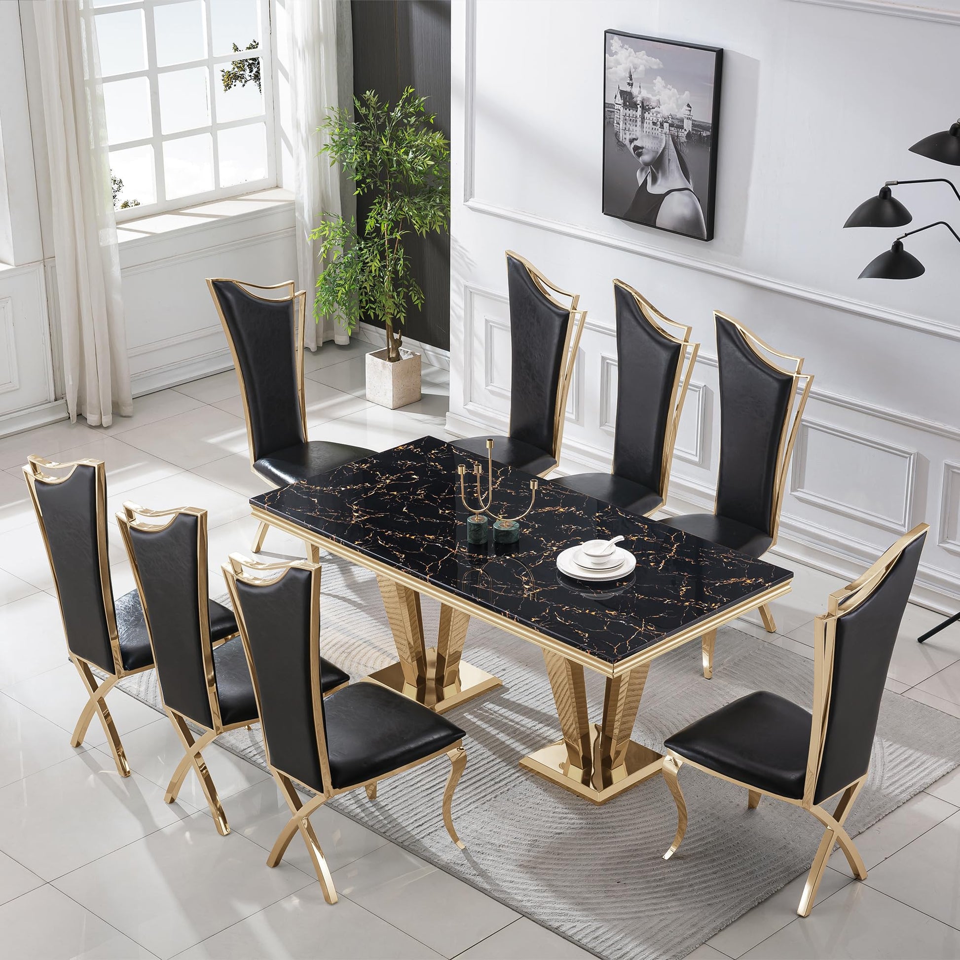 70'' Marble Dining Table,Luxury Rectangular Kitchen Dining Room Table,Dining Table for 4-8 People with Gold U-Shape Stainless Steel Base for Dining Room, Kitchen (Black & Gold-4) - WoodArtSupply