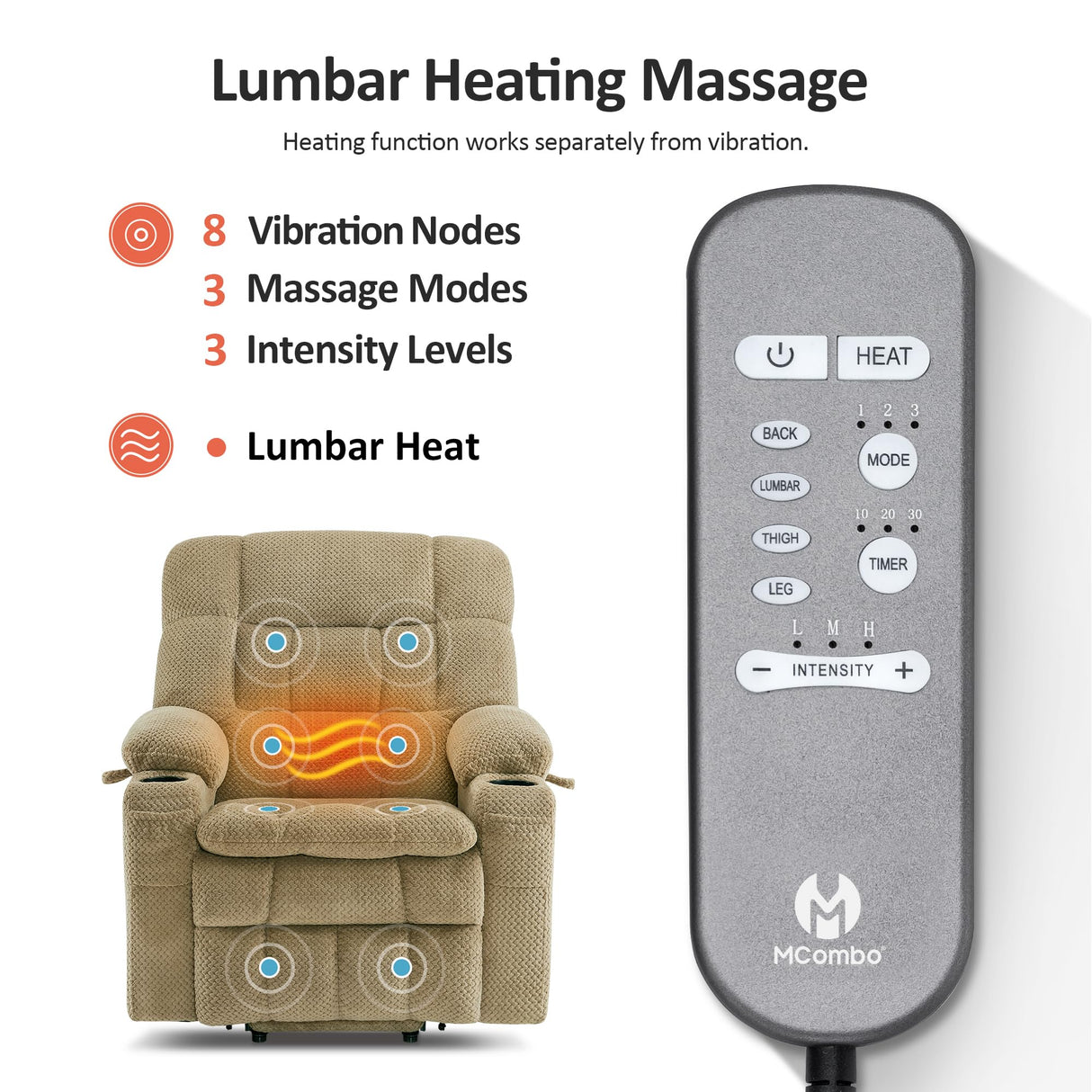 MCombo Dual Motor Power Lift Recliner Chair for Elderly, Lay Flat Lift Chair with Heat and Massage, Petite Lift Chair, Cup Holders, USB A&C Ports, Fabric 7893 (Small, Beige) MCombo