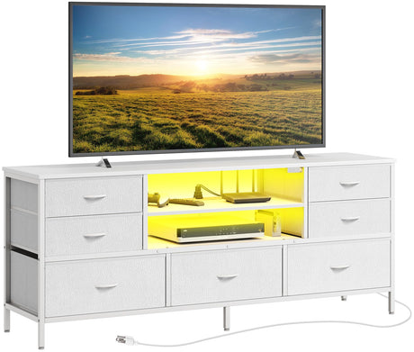 Huuger Dresser for Bedroom With Power Outlets and LED Lights, 7 Drawers TV Stand for 60 Inch TV, Console With Open Shelf, 55 Inches Wide White, PU Leather Huuger