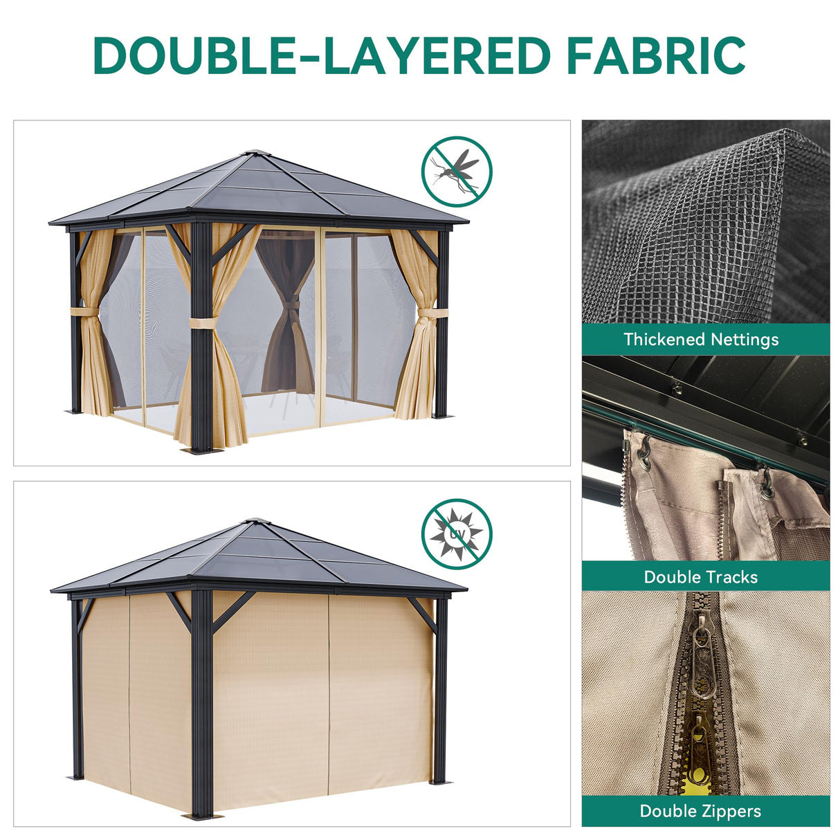 YITAHOME 10x10 Gazebo Polycarbonate Hardtop Outdoor Single Top Canopy with Netting and Shaded Curtains, Aluminum Frame Garden Tent for Patio, Backyard, Deck and Lawns, Brown YITAHOME