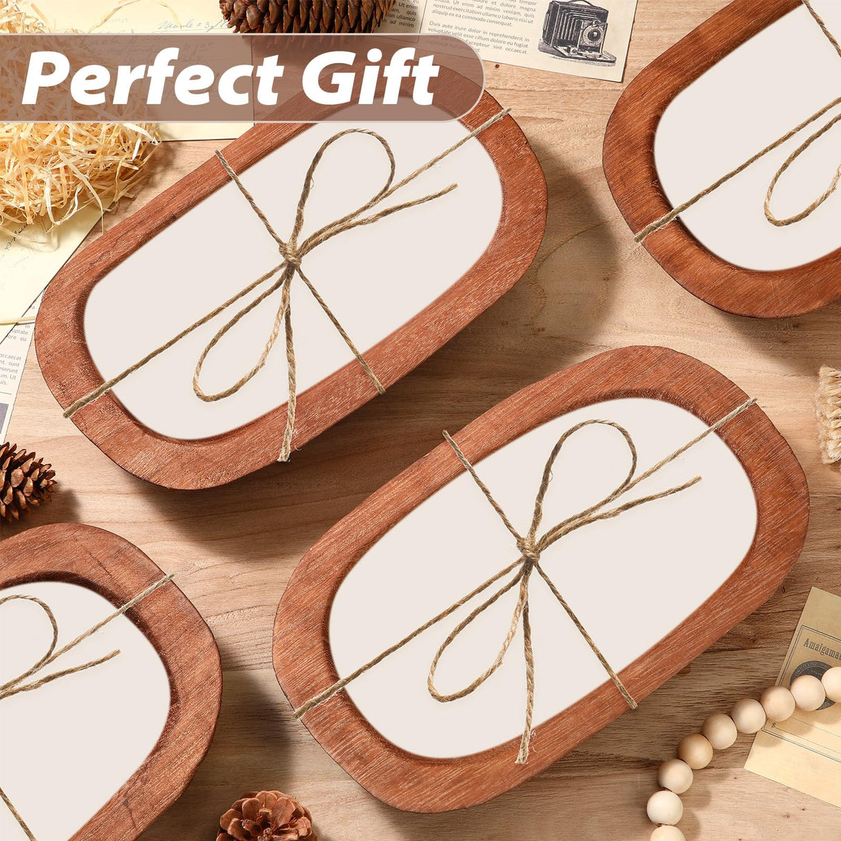 FoldTier 4 Pcs Wooden Dough Bowl 10'' X 6'' X 2'' Wood Decorative Rustic Wooden Bowls Table Centerpiece for Candle Making Key Living Room Home Dining Room Kitchen Decoration (Brown) FoldTier