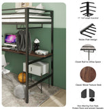 Twin Size Loft Bed with Desk and Closet Rod for Kids,Heavy Duty Loft Bed Frame with Safety Guardrail, Loft Metal Bunk Bed Twin Size, Space-Saving, Noise Free,Black Bellemave