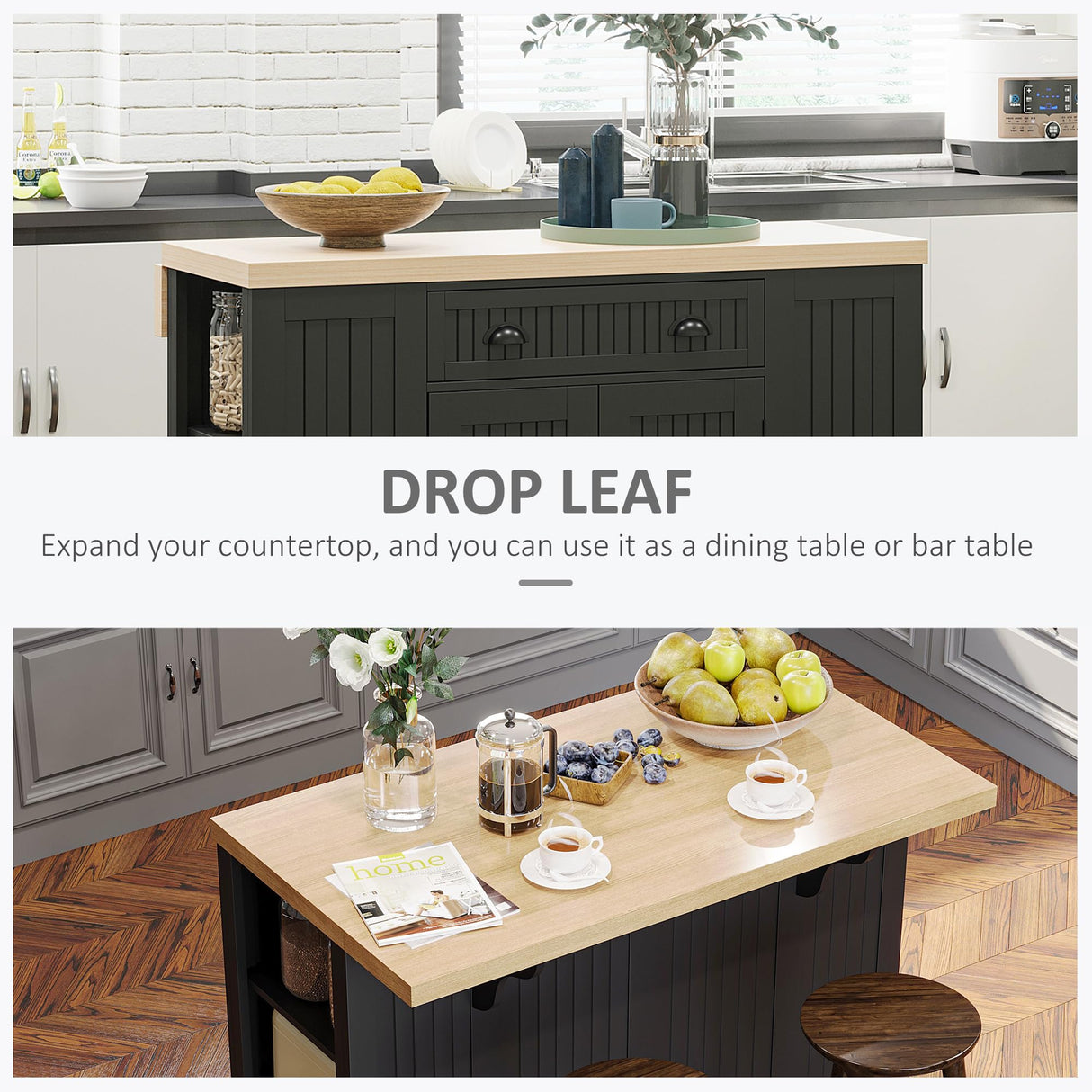 HOMCOM 47" Fluted-Style Wooden Kitchen Island, Kitchen Countertop Storage Cabinet with Drop Leaf, Drawer, Open Shelves, Storage, Black Aosom