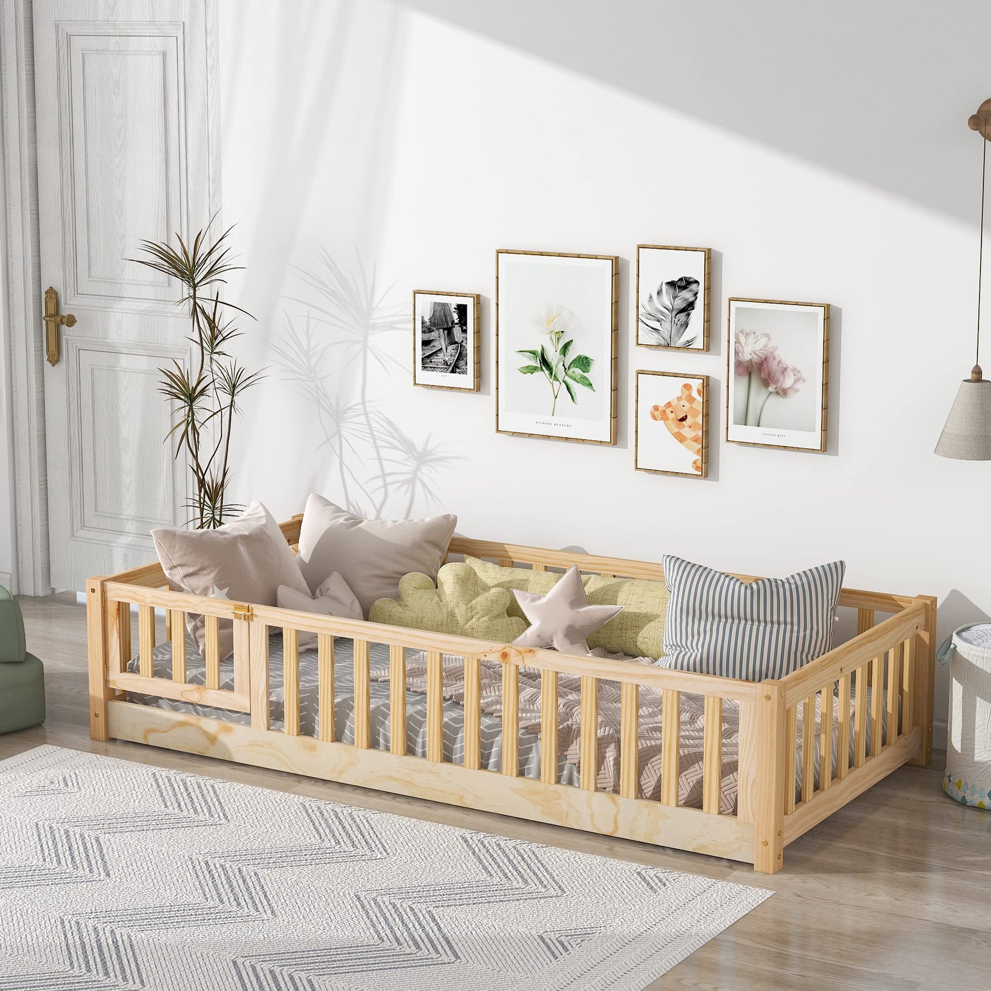 Brafab Montessori Twin Floor Bed with Safety Guardrails & Convertible Door - Natural Solid Pine Wood Frame - WoodArtSupply