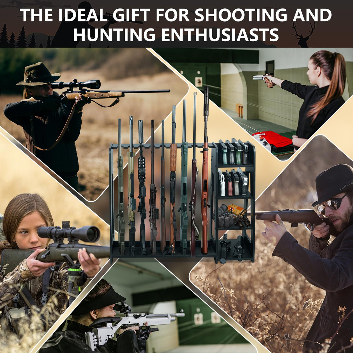 Semohop Gun Racks,Wooden Rifle Racks with Pistol Rack, Floor Standing Shotgun Rack Indoor, Gun Display Rack Rifle Storage Holder for Home or Garage Gun Storage - Holds up to 9 Long Guns and 8 Handguns Semohop