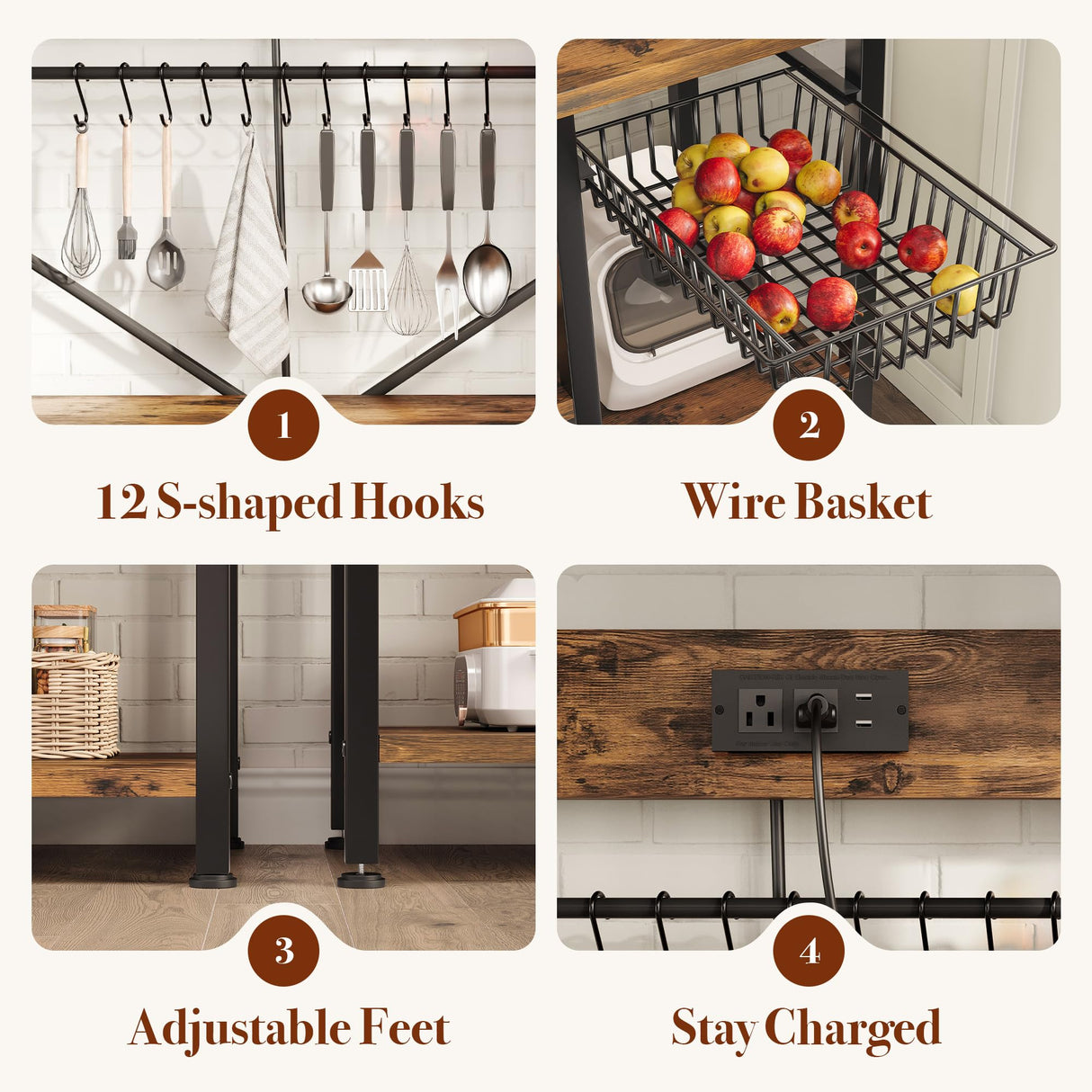 GRUSIGN Kitchen Bakers Rack with Storage, 6-Tier Coffee Bar Station with Power Outlet, Microwave Stand with 12 S-Shaped Hooks, Open Kitchen Storage Shelves for Spices, Pots and Pans, Rustic Brown GRUSIGN