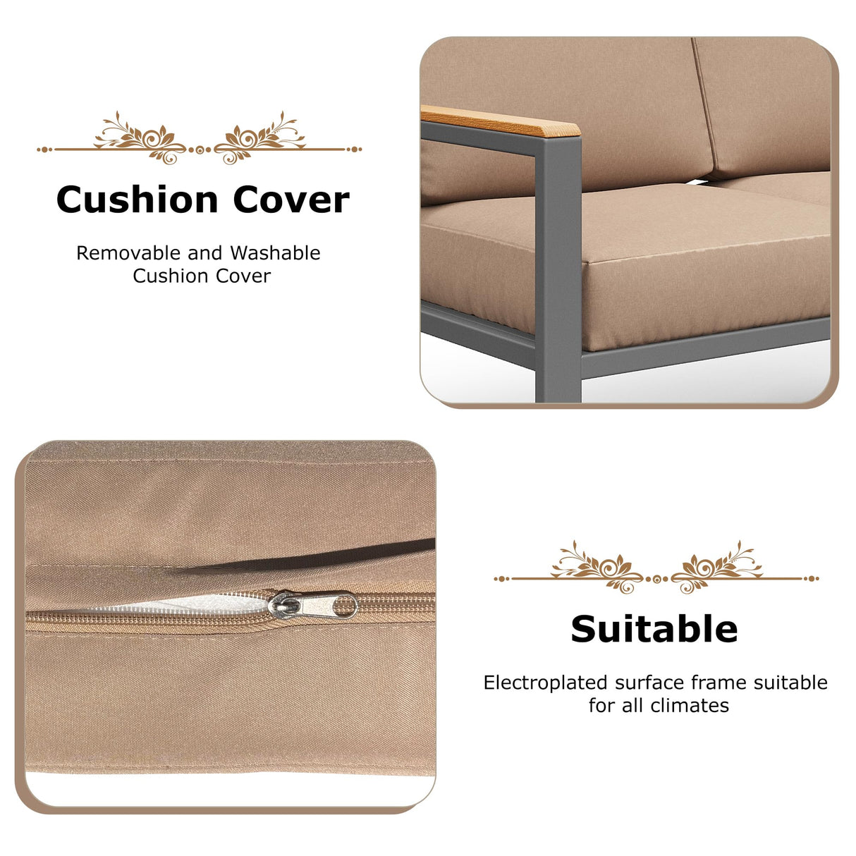 MAISON BACKYARDS MBY 5-Piece Modern Patio Furniture Set with Fire Pit Table, Metal Outdoor Sectional with Cushions & Wood-Like Armrests, Cozy Conversation Set for Porch, Balcony, Garden, Yard-Brown MAISON BACKYARDS