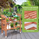 OFFICEJOY Outdoor Potting Bench, 3 Tier Wooden Garden Workstation Table w/Iron Tabletop, 2 Wood Shelf, 5 Hooks, Multifuction Work Station Table Rack for Garden, Backyard, Kitchen, Garage (Deep Oak) OFFICEJOY