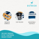 Ostrich Deluxe 3N1 Lightweight Lawn Beach Reclining Lounge Chair with Footrest, Outdoor Furniture for Patio, Balcony, Backyard, or Porch, Blue Stripe Ostrich