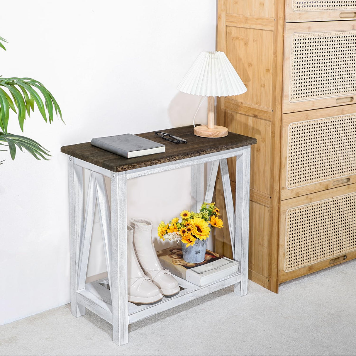 FEUFOAM Farmhouse End Table Narrow Side Table Living Room Slim End Tables with Storage Shelf 2 Tier Nightstand for Bedroom Hallway Dormitory, Rustic Brown and White FEUFOAM