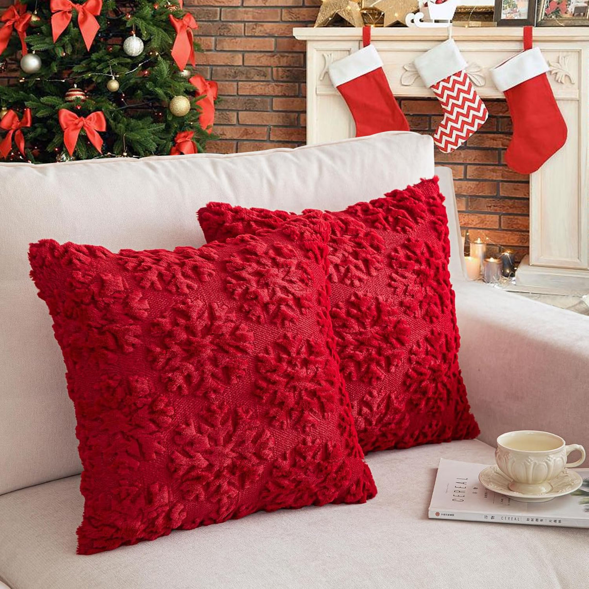 Christmas Pillow Covers 18'' x 18'' Set of 2, Soft Faux Rabbit Fur 3D Embroidery Snowflakes Throw Pillow Covers For Holiday Christmas Decor Sofa, Couch, Party, Invisible Zipper, Skin-Friendly TOYPOPOR