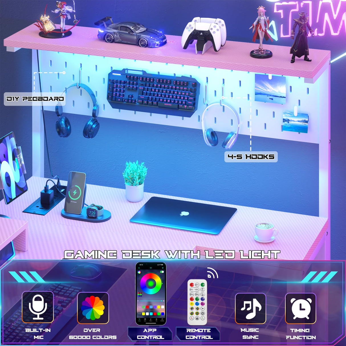 Homieasy Small Gaming Desk with Power Outlets Pegboard LED Light, 43 Inch L Shaped Computer Desk with Monitor Stand Storage Shelves, Reversible Corner Desk with Headset Hooks, Carbon Pink Homieasy