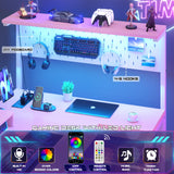 Homieasy Small Gaming Desk with Power Outlets Pegboard LED Light, 43 Inch L Shaped Computer Desk with Monitor Stand Storage Shelves, Reversible Corner Desk with Headset Hooks, Carbon Pink Homieasy