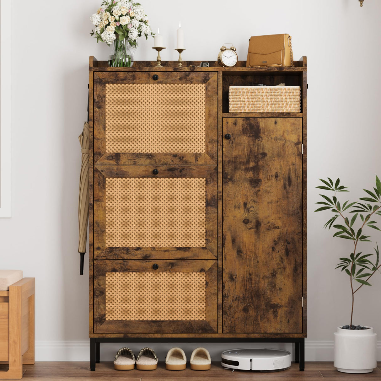 GarveeHome Shoe Cabinet Rattan with 3 Flip Drawers and 4-Tier Shoe Storage Cabinet, Freestanding Shoe Organizer with Adjustable Shelves for Entryway, Closet, Hallway (Brown) GarveeHome