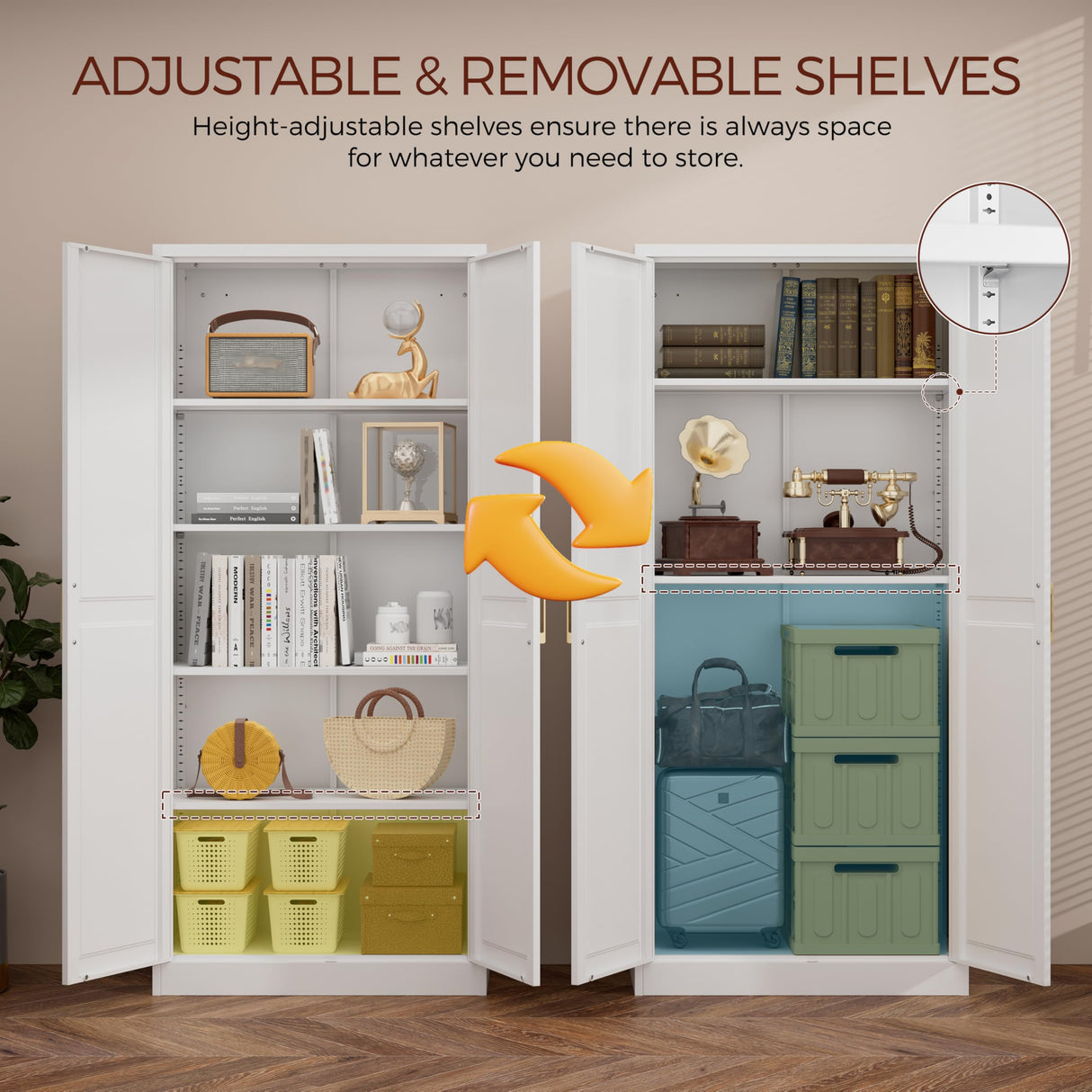 Kubohogar 71" Tall Metal Pantry Cabinet, White Kitchen Pantry Storage Cabinet with 4 Adjustable Shelves and Gold Handles, Cupboard for Kitchen, Dining Room, Living Room, Bathroom Kubohogar