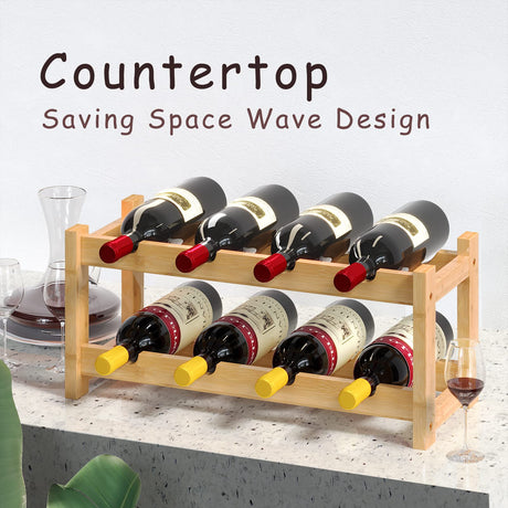 BAMEOS Wine Rack Free Standing 8 Bottle 2 Tier Bamboo Wine Racks Countertop Cabinet Wine Holder Wine Storage Shelf for Kitchen, Bar, Pantry, Wine Cellar, Basement, Countertop (16.85 L x 9.25W x 7H) BAMEOS
