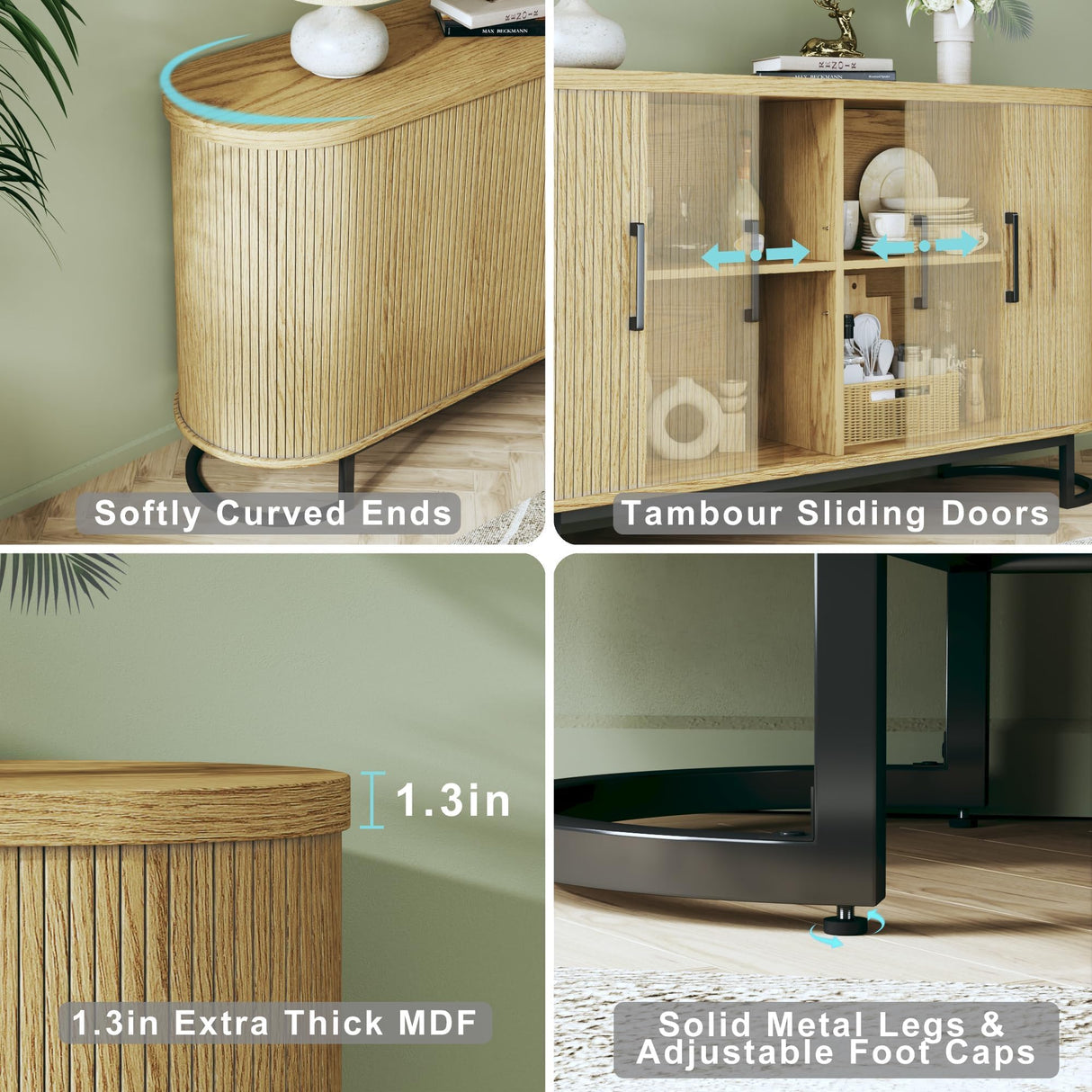 HUAHUU Sideboard Buffet Cabinet with Storage, 54.3" Fluted Tambour, Adjustable Shelves, Mid Century Modern Console for Living Room Kitchen HUAHUU