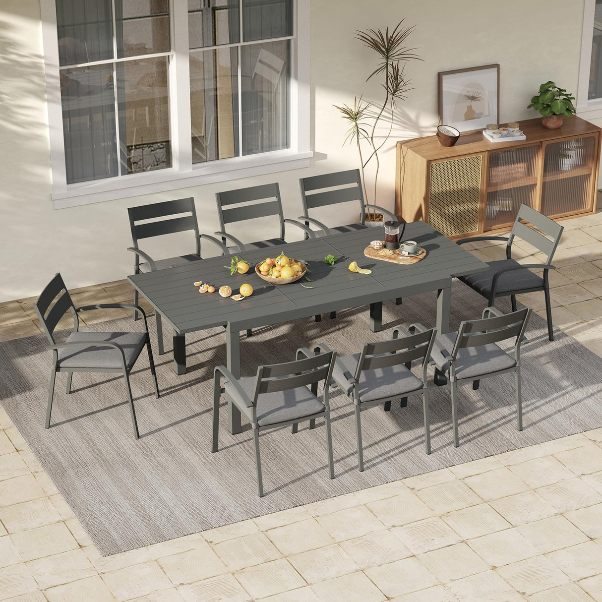 Soleil Jardin 9-Piece Outdoor Patio Dining Set, 59" - 83" Aluminum Expandable Outdoor Dining Table Set for 8, 8 Stackable Chairs with Gray Removable Cushions, Dark-Grey Soleil Jardin
