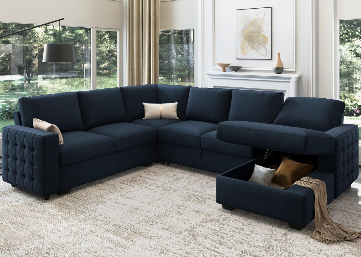 HONBAY Sectional Sleeper Sofa with Pull Out Bed U-Shape Sectional Couch Sleeper Bed with Storage Chaise Lounge Living Room 6 Seater Sectional Sofa,Velvet Dark Blue HONBAY