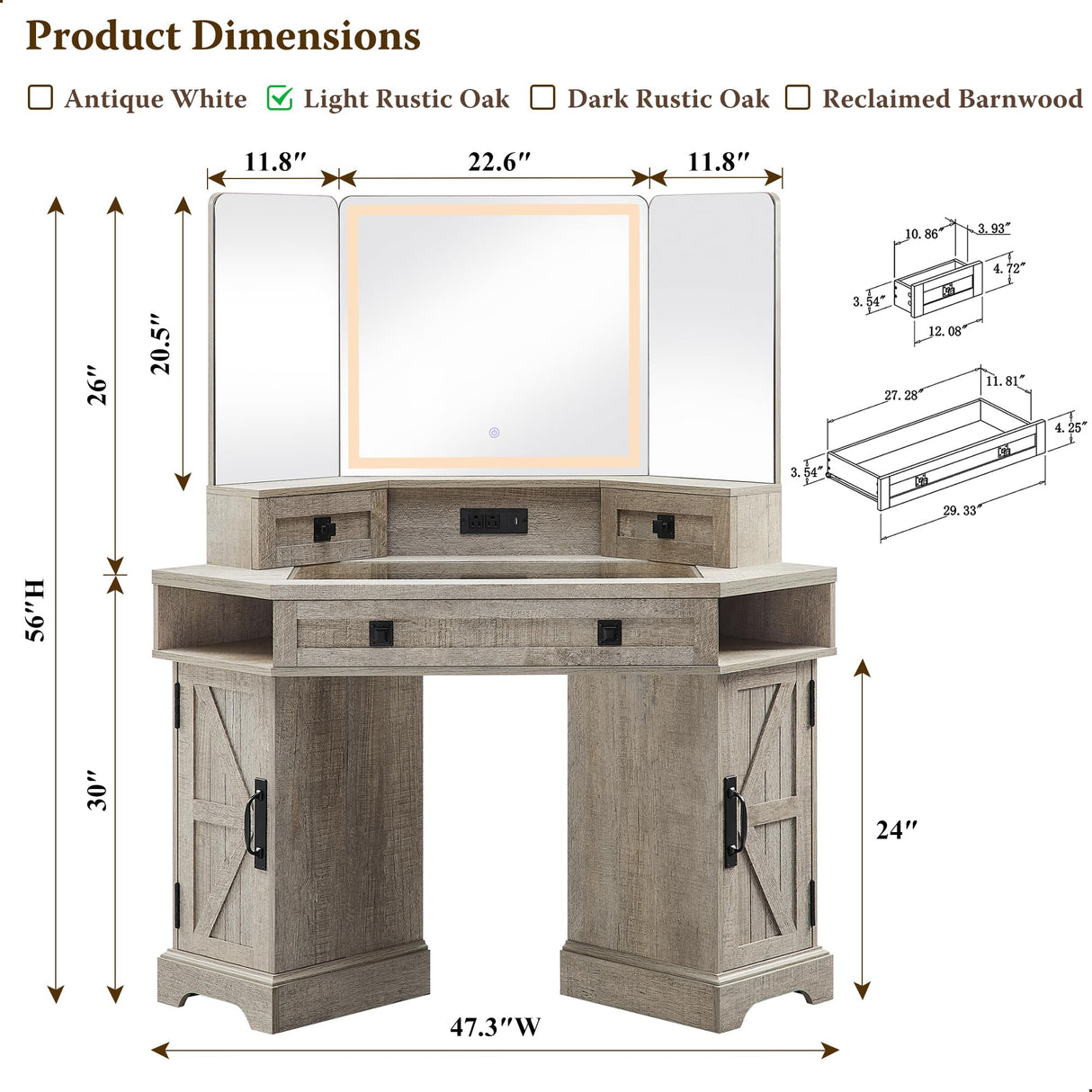 T4TREAM Corner Vanity Desk with Mirror and Lights, Makeup Desk with 3 Way Mirror and Lights, Farmhouse Vanity Table with Charging Station & Glass Top, 48" Vanity Desk with 3 Drawers(Light Rustic Oak) T4TREAM