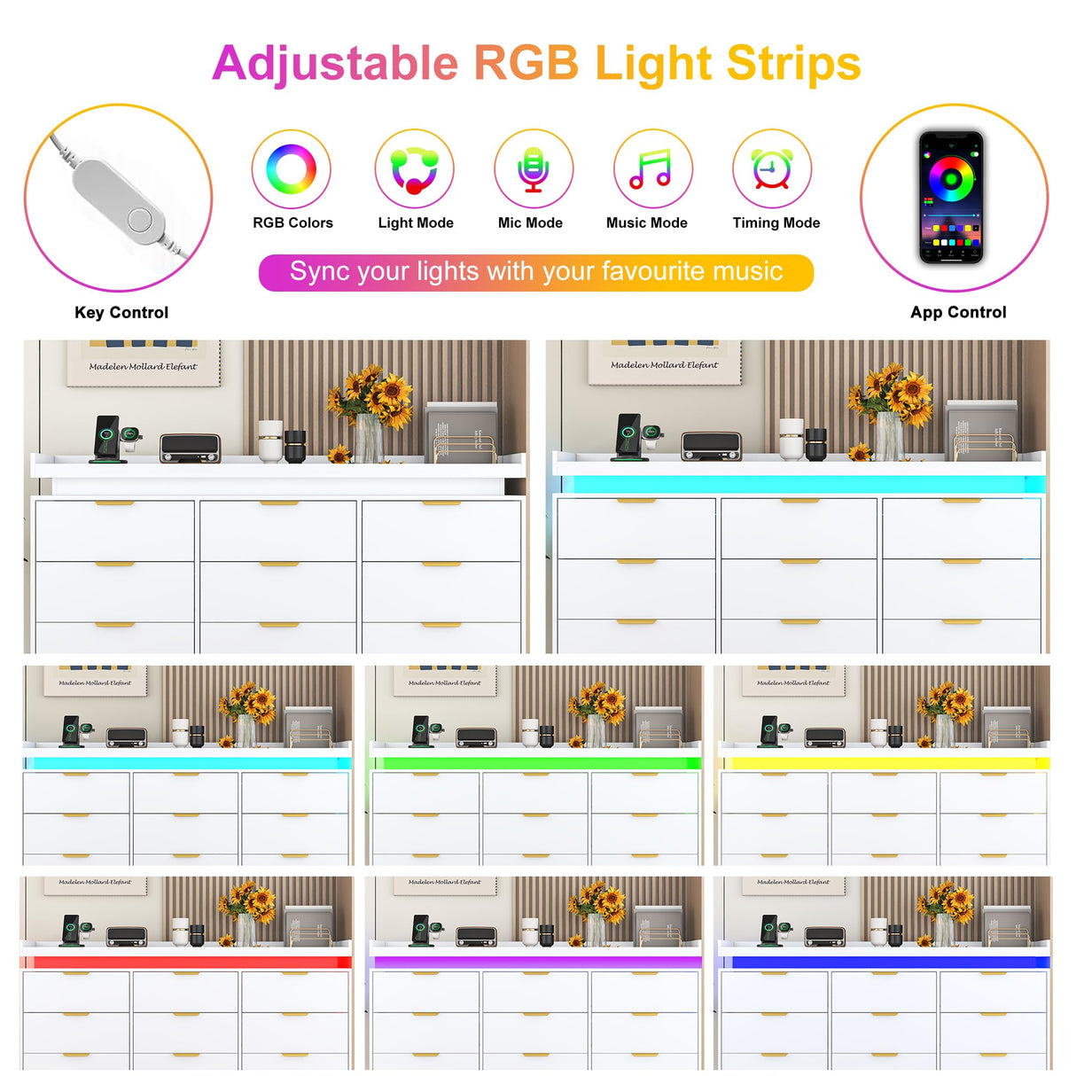 9 Drawer Dresser for Bedroom, White Dresser with LED Lights and Charging Station, Modern Chest of Drawer, Wood Triple Wide Drawer Organizer Cabinet for Bedroom, Living Room, Entryway, Hallway knoworld