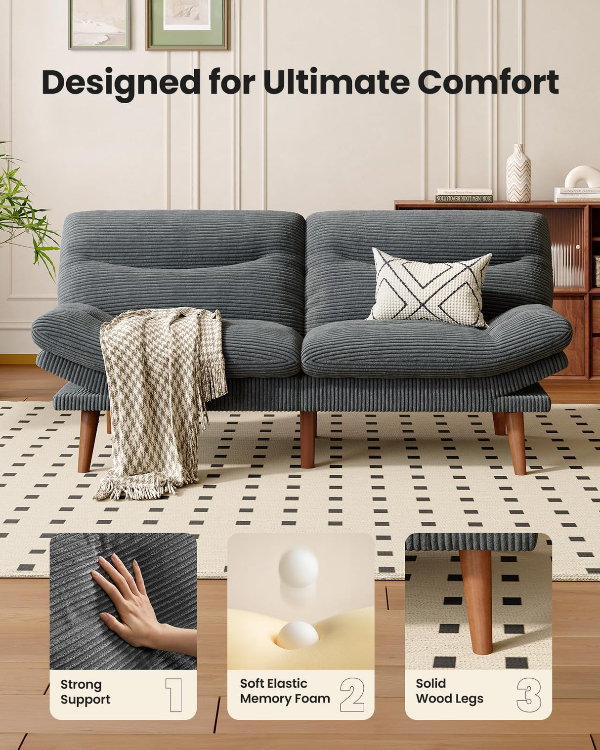 Futon Sofa Bed, 3-in-1 Futon Couch w/Adjustable Backrest & Armrests, Corduroy Convertible Sleeper Sofa Bed, Folding Sleeper Recliner w/Removable Cushion for Apartment, Living Room, Office(66in, Grey) AMADA HOMEFURNISHING