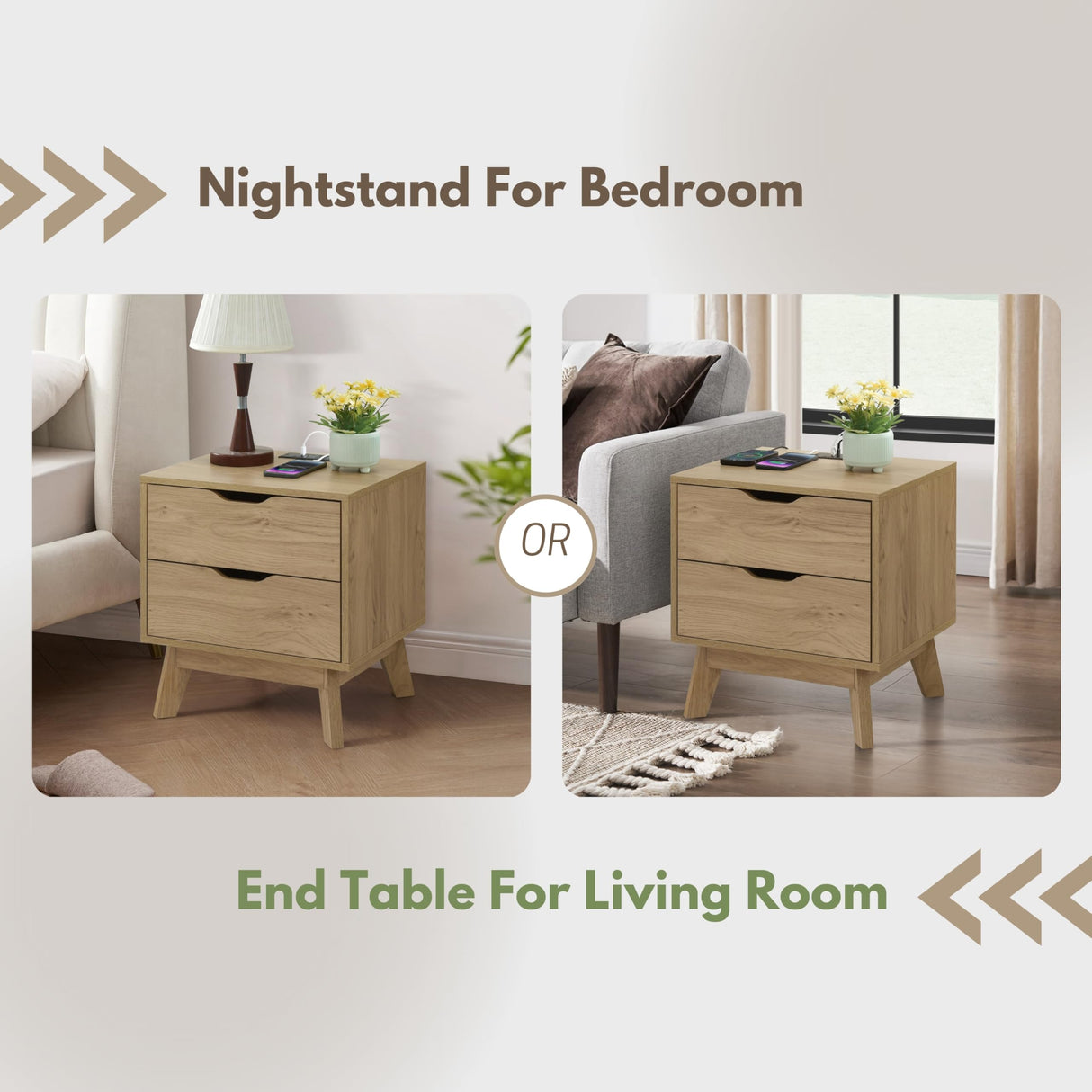 ELISA HOME Nordica 2 Drawer Nightstand with Charging Station, Drawer Slide Pre-Assembly, Nightstand for Bedroom, End Table, Sofa Side Table for Living Room, 15.7" D x 18.9" W x 21.2" H, Natural Oak ELISA HOME