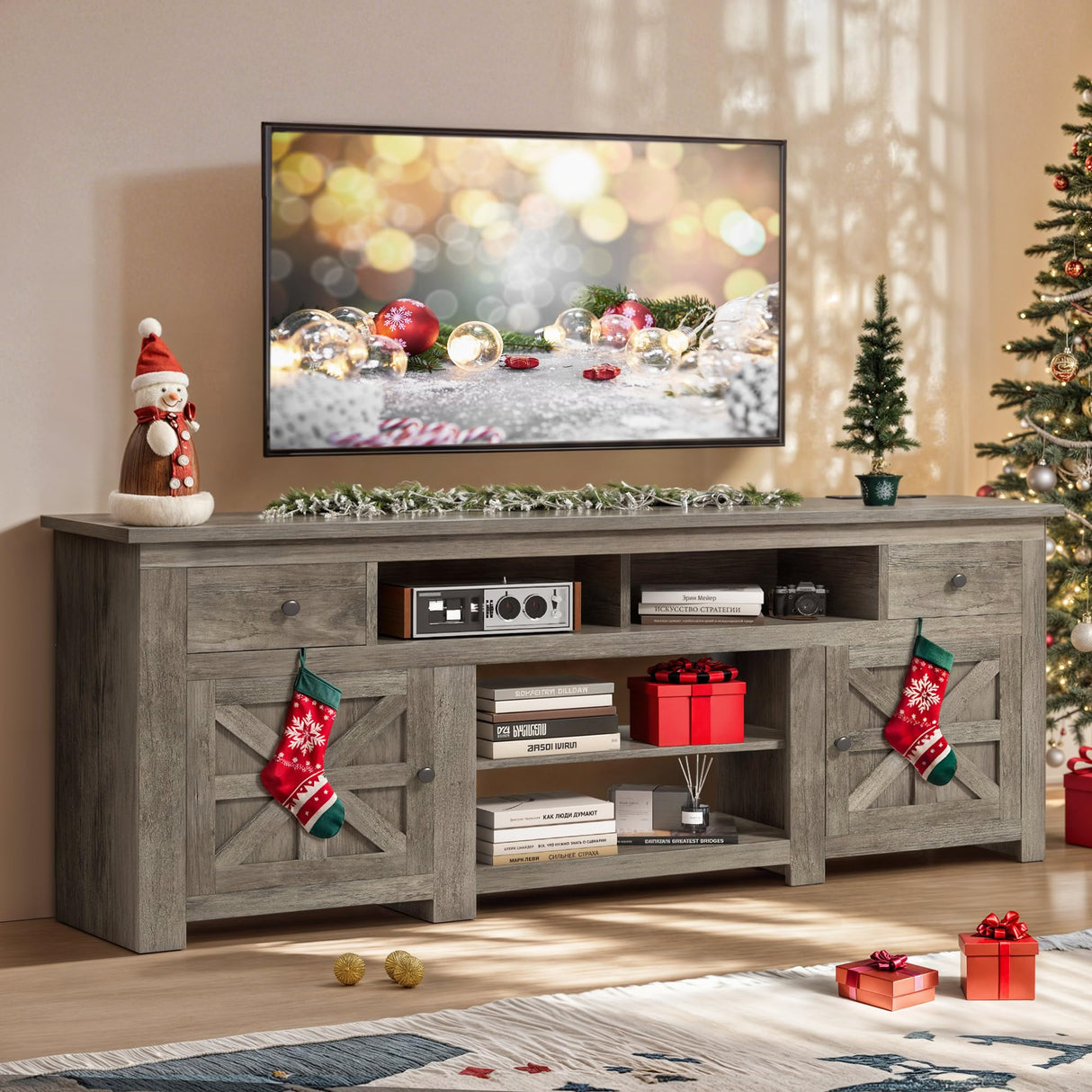 DWVO Farmhouse TV Stand for 75 Inch TV, Entertainment Center with Storage Cabinets, Media Console, TV Table with Drawers, TV Stands for Living Room, Grey Oak DWVO