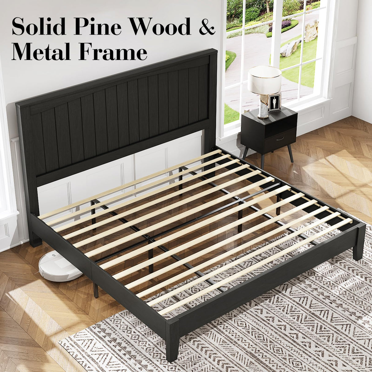LUXOAK Queen Size Solid Wood Bed Frame with 48.4 inch Tall Headboard, Mid-Century Modern Platform Bed with Wooden Slats and Metal Frame. No Box Spring Needed, Easy Assembly, Black LUXOAK