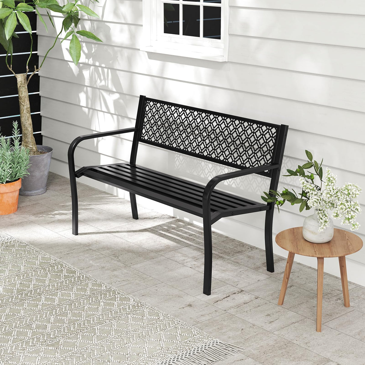 Tangkula 50 Inches Outdoor Garden Bench, Metal Patio Park Bench with Geometric Lattice Backrest, Armrests and Slatted Seat, Outdoor Loveseat Chair for Porch, Lawn and Yard (Black) Tangkula