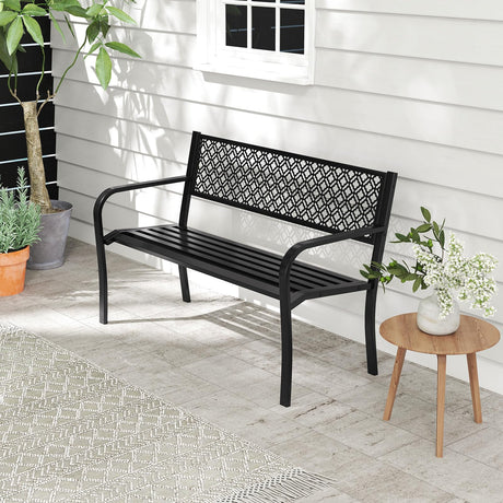 Tangkula 50 Inches Outdoor Garden Bench, Metal Patio Park Bench with Geometric Lattice Backrest, Armrests and Slatted Seat, Outdoor Loveseat Chair for Porch, Lawn and Yard (Black) Tangkula