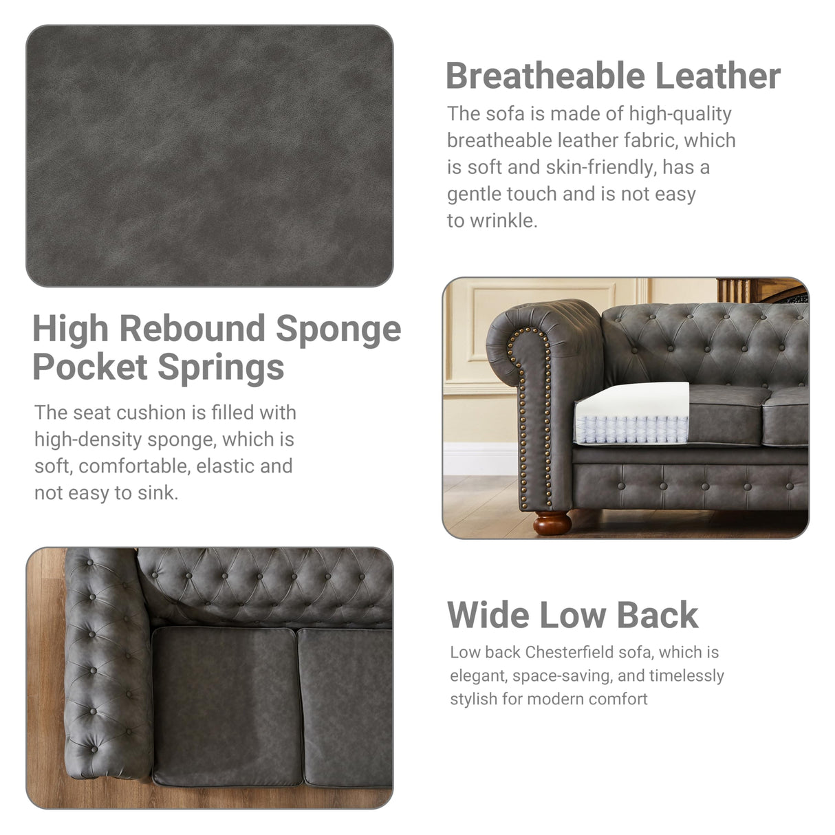 N NOORDENIYA Chesterfield Leather Sofa, 89" Mid Century Modern Couch with Low Back, Roll Arm Nailhead Trim Classic 3 Seater Couch for Living Room, Office, Apartment, Faux Leather Dark Grey N NOORDENIYA