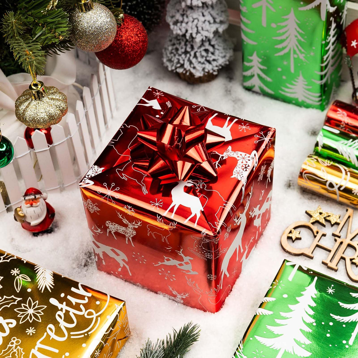 Merture 3 Rolls Christmas Wrapping Paper Set - 17 inch x 120 inch per Roll - Red, Green, Gold Metallic Gift Wrap With Reindeer, Christmas Tree, Snowflake, Dahlia Design Merture