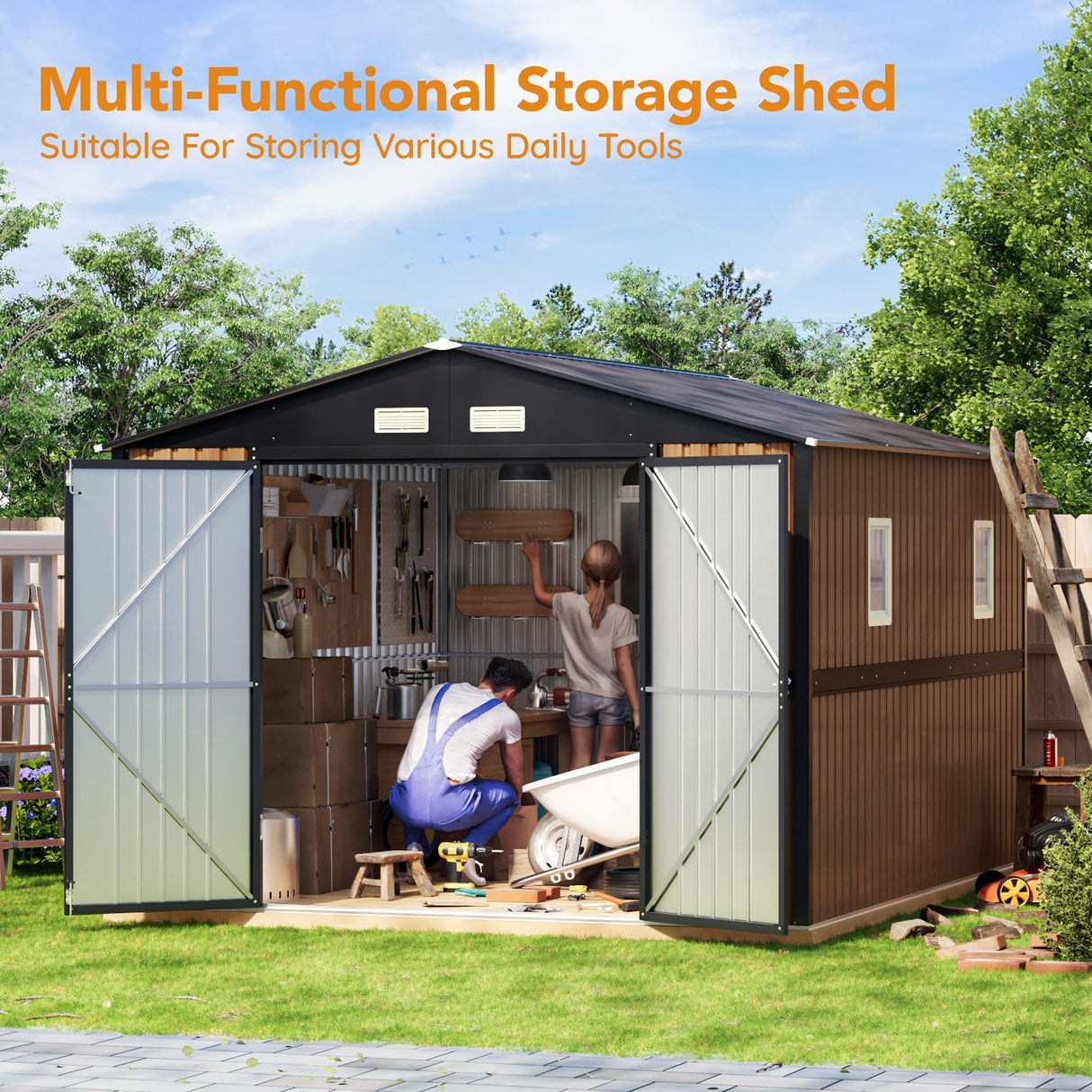 Panovue 10X12 FT Outdoor Steel Storage Shed with Lockable Doors, 2 Windows, Garden Shed Ideal for Backyard, Patio Storage,Chicken Coop(Wood Panels & Frame Floor Not Included) Panovue