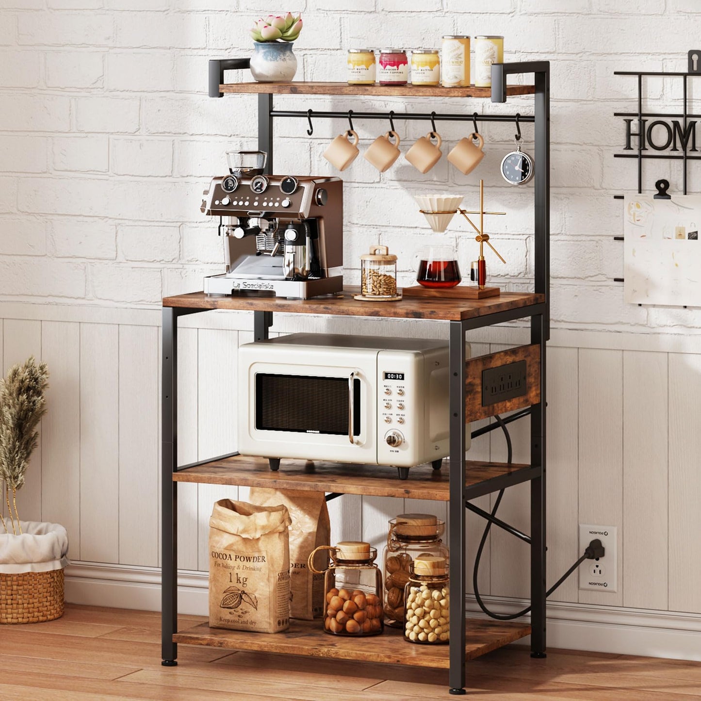 Standing Baker's Rack Coffee Bar Table - 4 Tiers Kitchen Microwave Stand with 6 Hooks, Kitchen Storage Shelves Rack，Rustic Brown